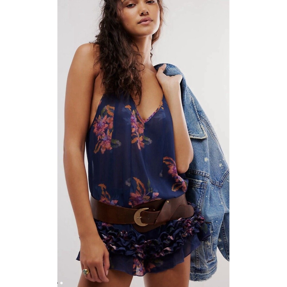 Free People Intimately "Icing On Top" Romper Size S Navy Blue Floral Print - Picture 6 of 16